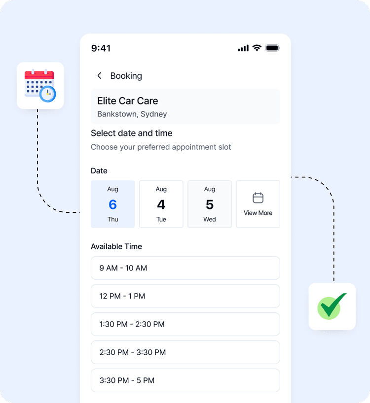 OzAutoBook booking confirmation screen with appointment details