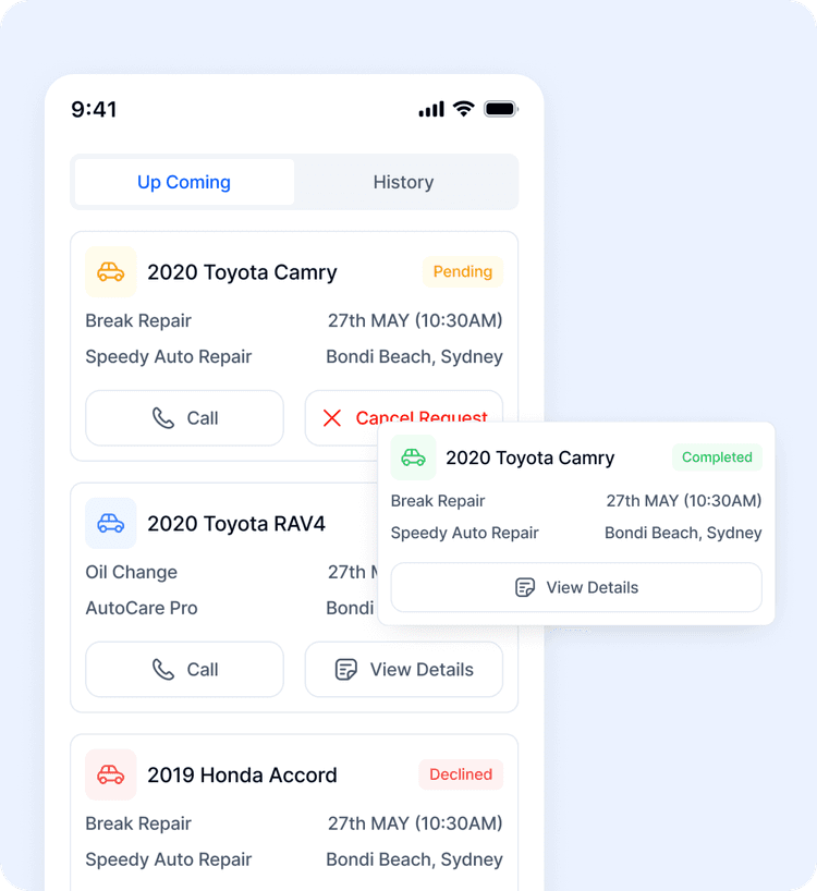 OzAutoBook car service history dashboard showing past and upcoming appointments