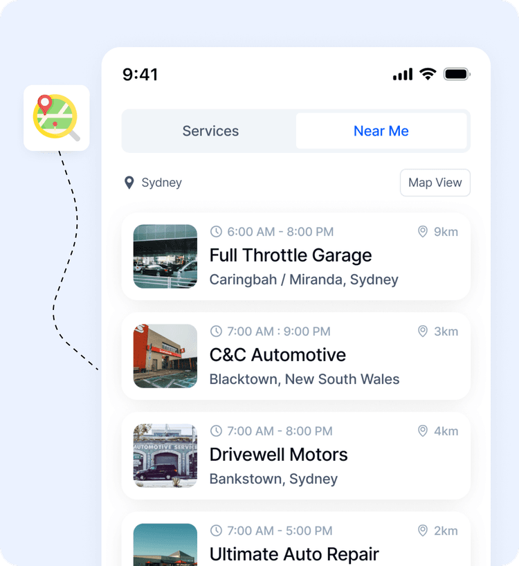 OzAutoBook mechanic search results showing verified service centres on a map